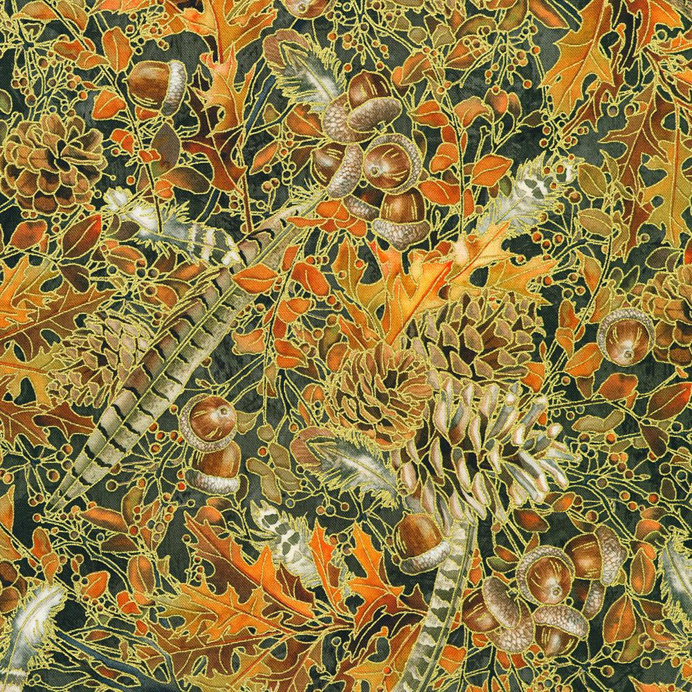 Warm Welcome 10" Squares, Robert Kaufman TEN-1395-42, 10" Precut Autumn Fall Gold Metallic Leaves Floral Fabric Squares,