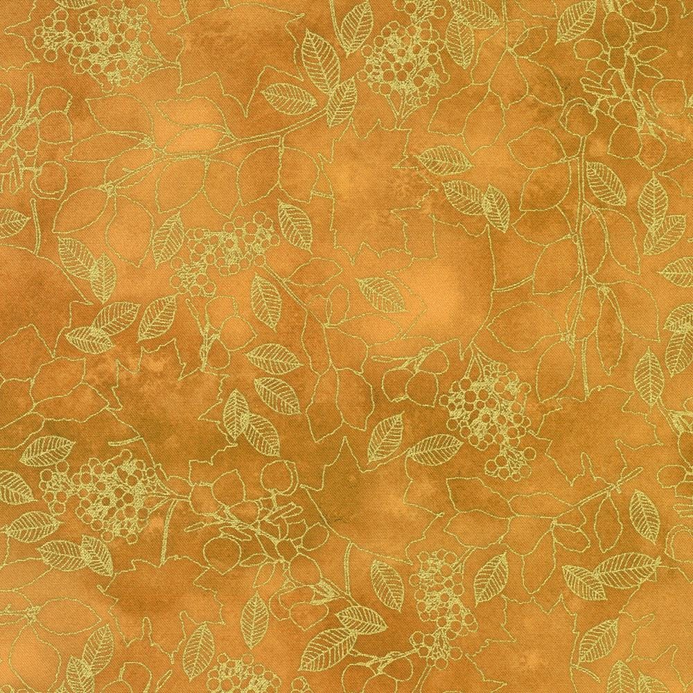 Warm Welcome 10" Squares, Robert Kaufman TEN-1395-42, 10" Precut Autumn Fall Gold Metallic Leaves Floral Fabric Squares,