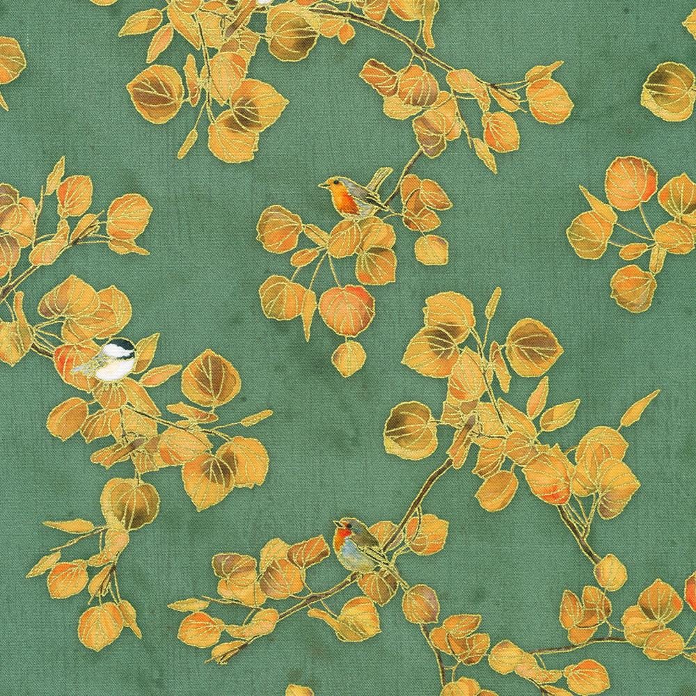 Warm Welcome 10" Squares, Robert Kaufman TEN-1395-42, 10" Precut Autumn Fall Gold Metallic Leaves Floral Fabric Squares,