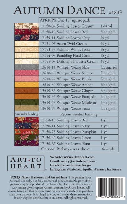 Autumn Dance Quilt Pattern, Art to Heart ATH183P, Fat Eights F8 Yardage Friendly Autumn Fall Leaves Throw Quilt Pattern, Nancy Halvorsen
