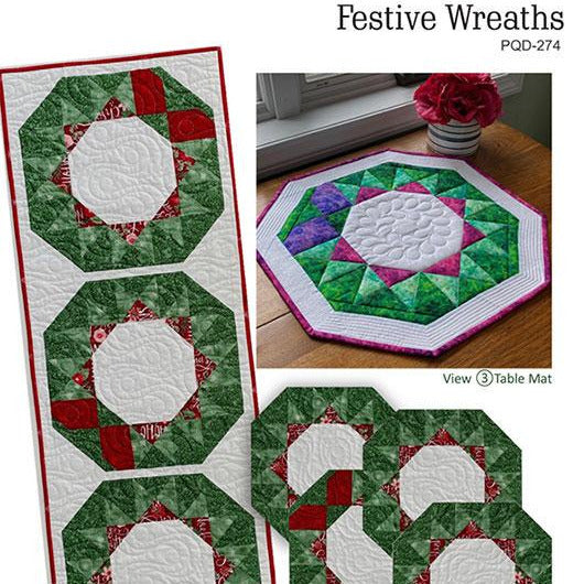 Festive Wreaths Table Runner Place Mats Quilt Pattern, Poorhouse Quilt Designs PQD-274, Christmas Xmas Table Runner Topper Placemats Pattern
