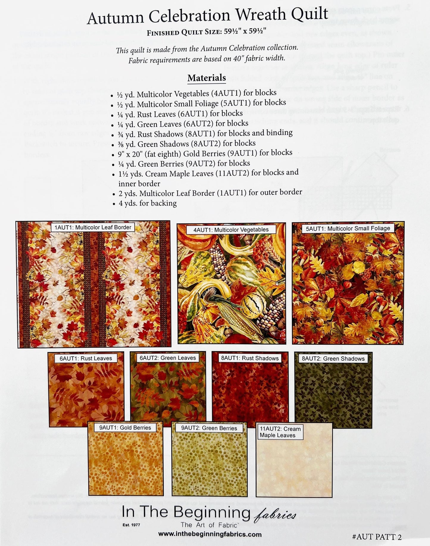 Autumn Celebration Wreath Quilt Pattern, In the Beginning AUT PATT 2, Yardage Friendly Autumn Fall Wreath Quilt Pattern, Jason Yenter