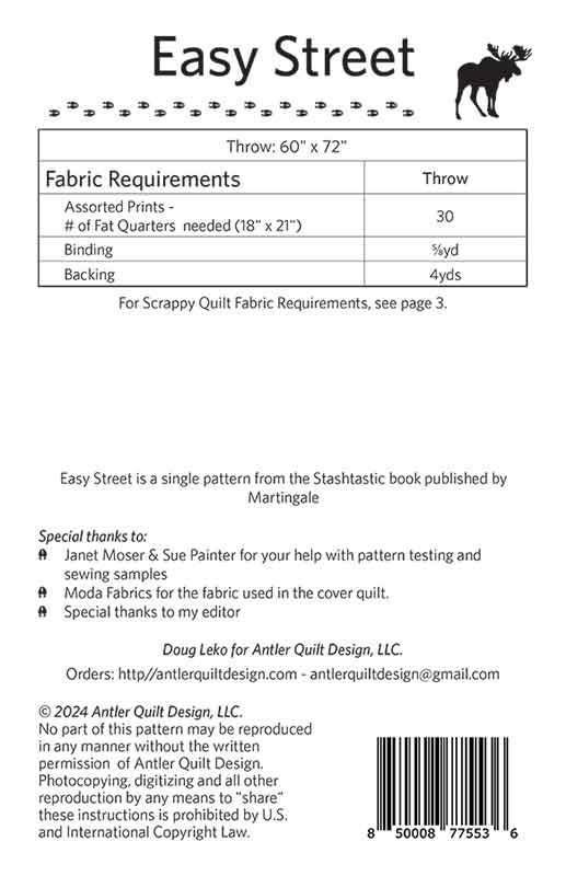 Easy Street Quilt Pattern, Antler Quilt Design AQD0309, Fat Quarter FQ Scrap Friendly Scrappy Patchwork Throw Quilt Pattern