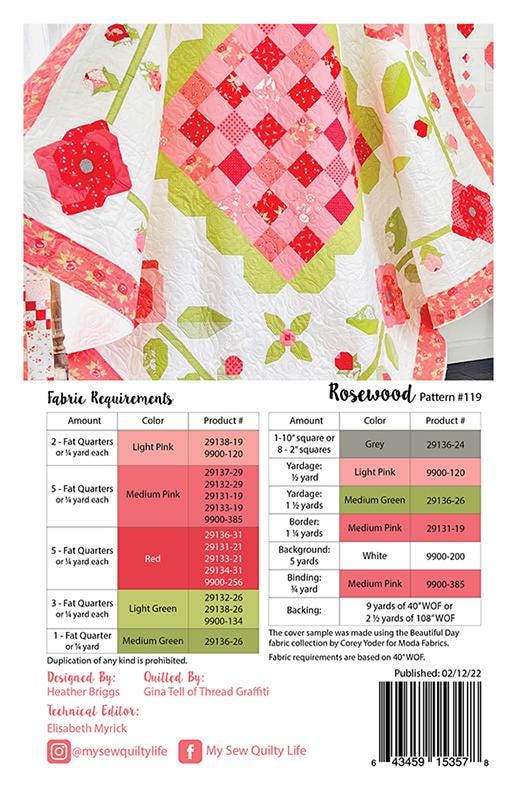 Rosewood Quilt Pattern, My Sew Quilty Life MSQL119, Fat Quarter FQ Yardage Friendly Roses Rosebuds Checkerboard Throw Quilt Pattern