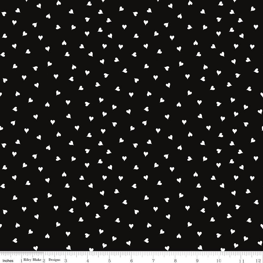 Take Heart - Small White Hearts on Black Fabric, Riley Blake C15387-Black, Polka Dot Hearts Cotton Quilt Fabric, J. Frisch, By the Yard