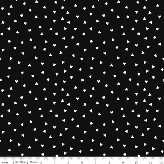 Take Heart - Small White Hearts on Black Fabric, Riley Blake C15387-Black, Polka Dot Hearts Cotton Quilt Fabric, J. Frisch, By the Yard