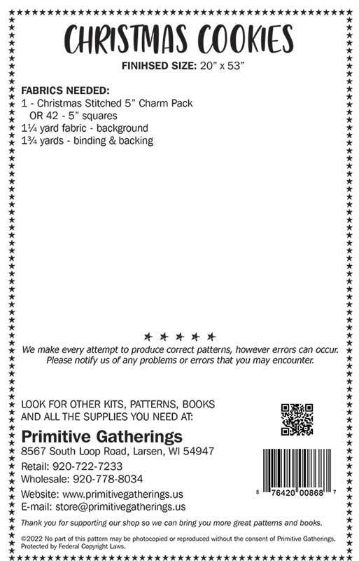 Christmas Cookies Quilt Pattern, Primitive Gatherings PRI868, Precut 5" Charm Friendly Star Table Runner Topper Quilt Pattern, Lisa Bongean