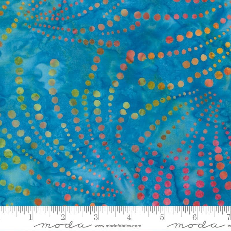 Sunburst Batiks - Red Yellow Green Dots on Blue Batik Fabric, Moda 4370 36 Pool, Multicolored Blue Batiks, By the Yard