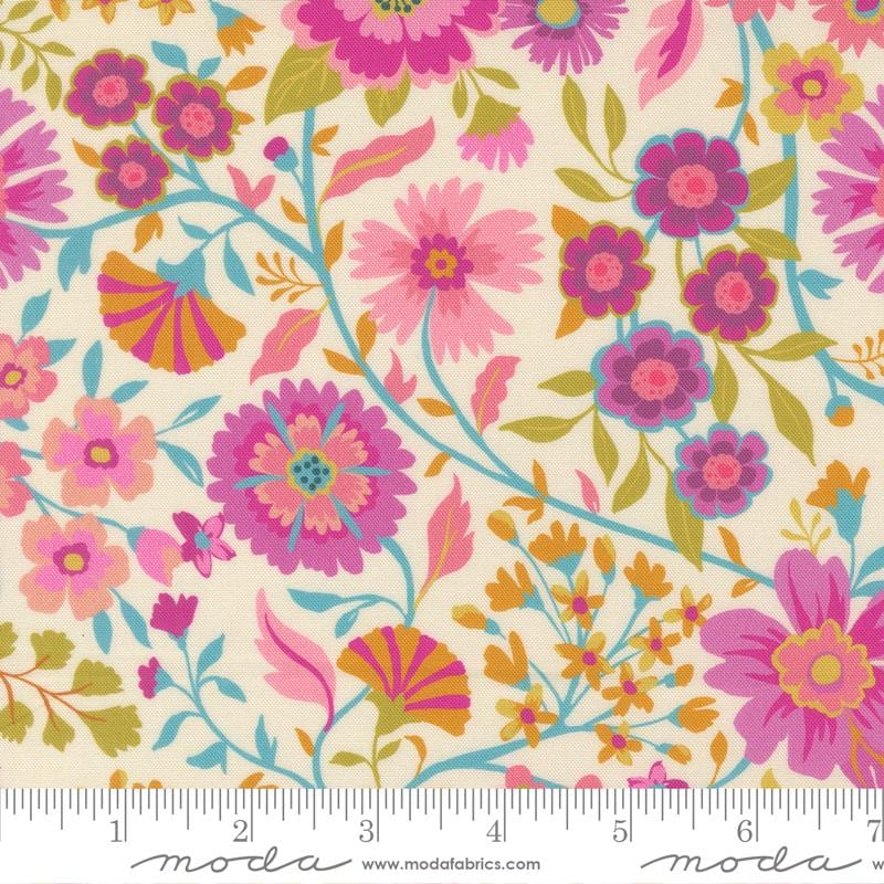 Parlor - Wild and Free Pink Purple Flowers on Cream Fabric, Moda 11961 11 Cream, Purple Pink Blue Green Floral Fabric, Manning, By the Yard