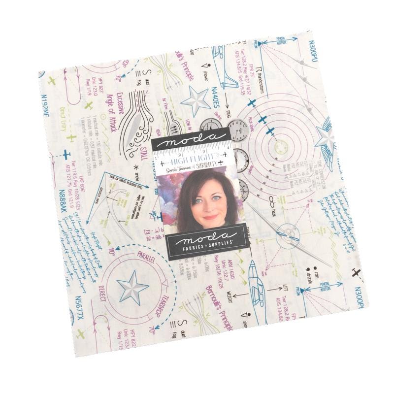 High Flight 10" Layer Cake, Moda 45060LC, 10" Precut Green Blue Gray Aeronautical Airplanes Quilt Fabric Squares, Sarah Thomas, Sariditty