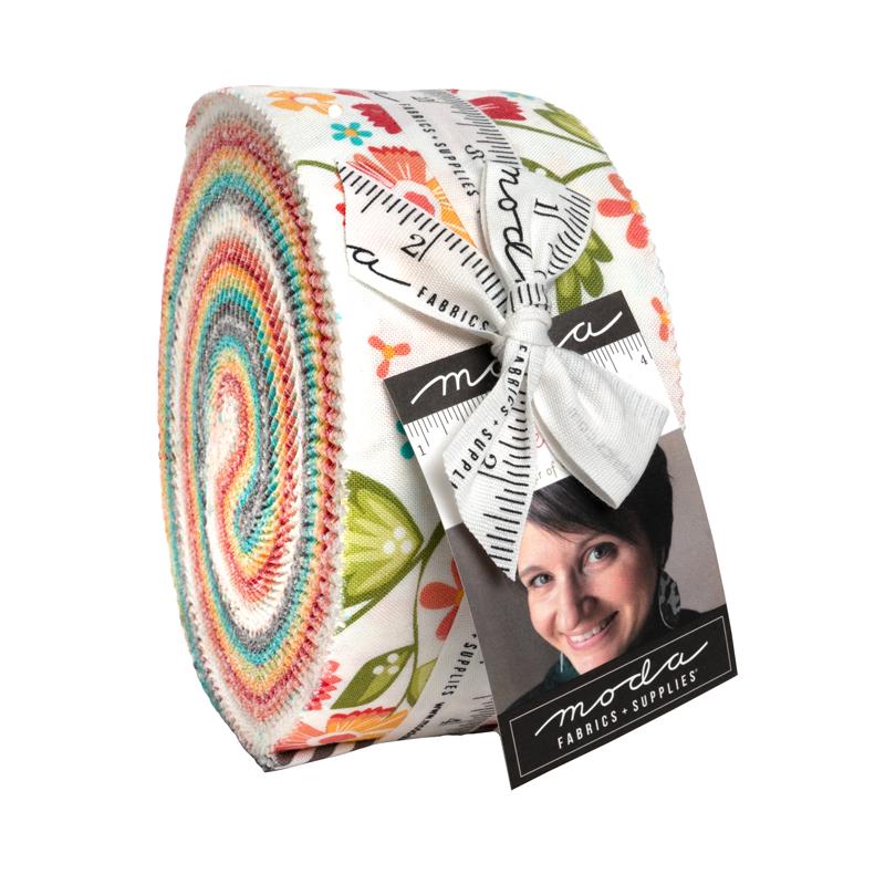 In the Garden 2.5" Jelly Roll, Moda 29230JR, 2.5" Precut Teal Red Yellow Gray Floral Fabric Strips, Corey Yoder, Coriander