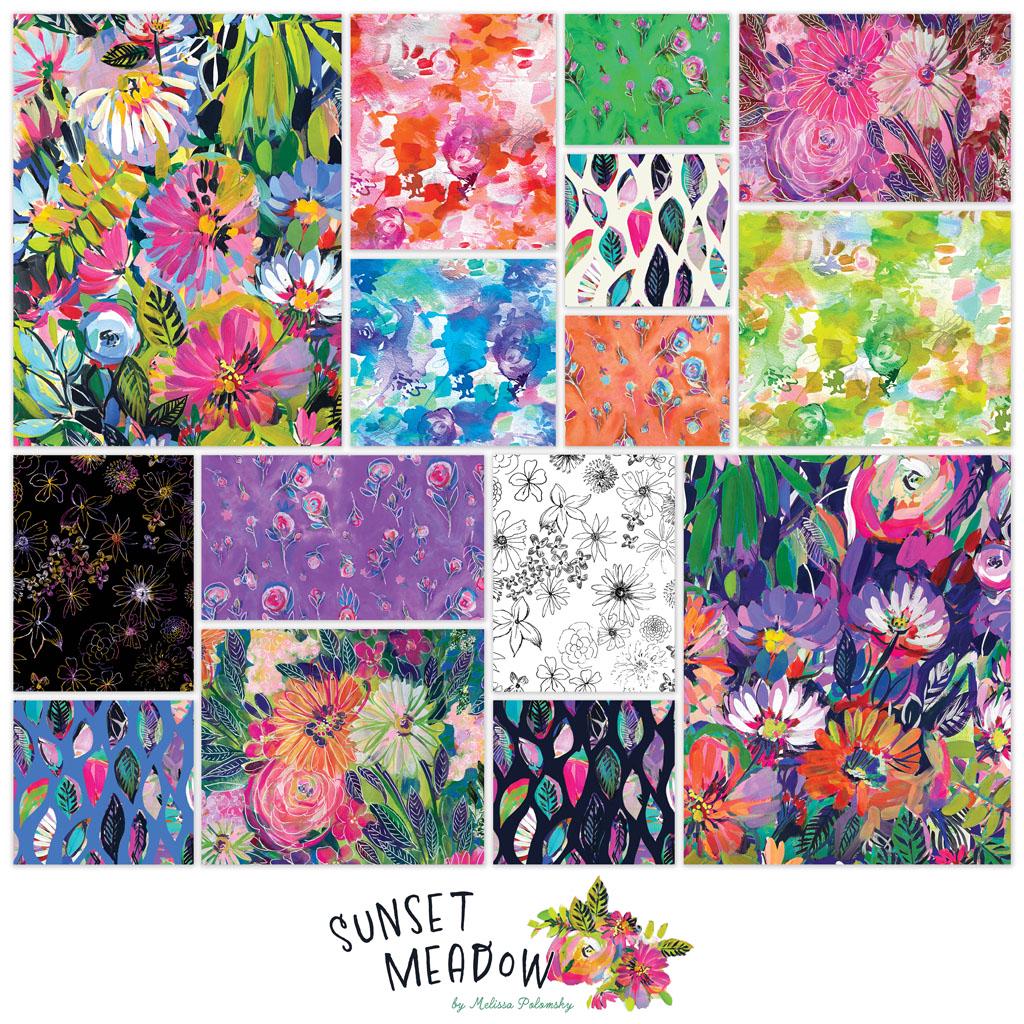 Sunset Meadow 15 Piece Fat Quarter Bundle, Clothworks FQ0521, Bright Watercolor Floral Fabric, 18 x 22 Fabric Cuts