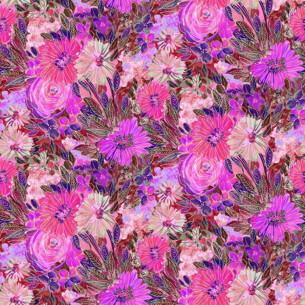 Sunset Meadow 15 Piece Fat Quarter Bundle, Clothworks FQ0521, Bright Watercolor Floral Fabric, 18 x 22 Fabric Cuts