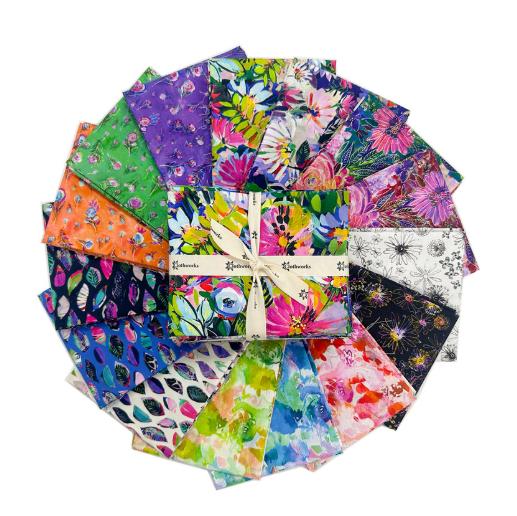 Sunset Meadow 15 Piece Fat Quarter Bundle, Clothworks FQ0521, Bright Watercolor Floral Fabric, 18 x 22 Fabric Cuts
