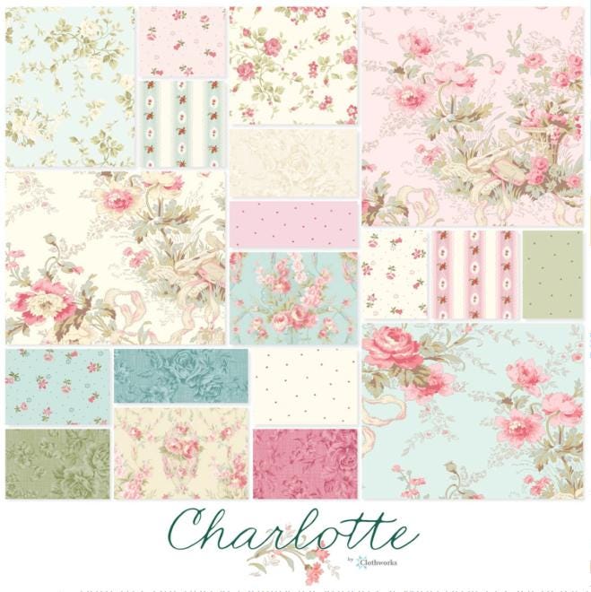 Charlotte 98 Fat Quarter Bundle, Clothworks FQ0520, Pink Blue Green Cream Shabby Granny Chic Cottagecore Pastel Floral Fabric,