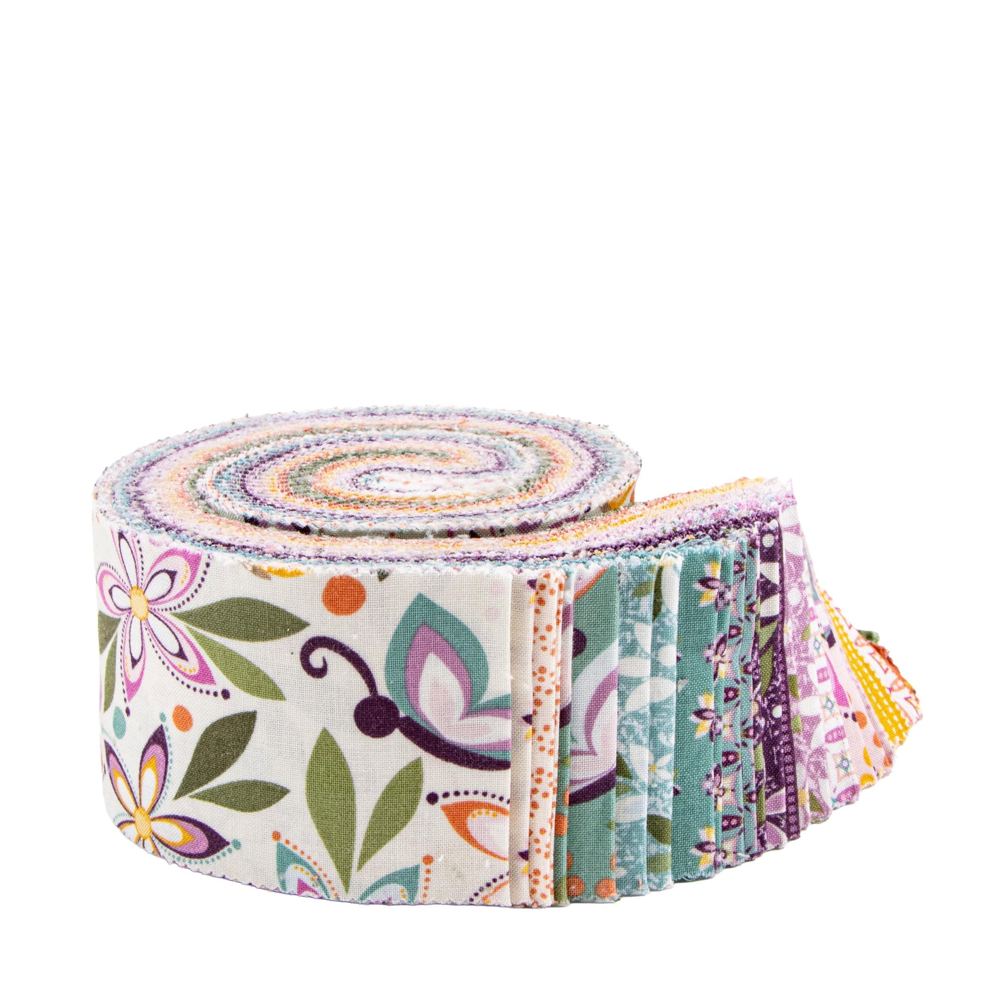 Juju's Petals 2.5" Rolie Polie, Riley Blake RP-16610-40, 2.5" Precut Green Blue Purple Gold Rust Floral Fabric Strips, Judi Madsen