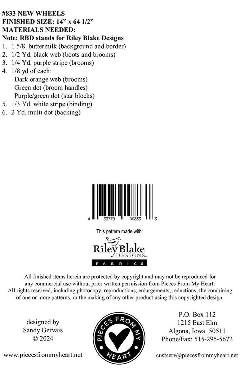 New Wheels Quilt Pattern, Pieces From My Heart PM833, Yardage Friendly Halloween Broom Witch Table Runner Quilt Pattern, Gervais