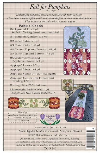 Fall for Pumpkins Quilt Runner Pattern, Quilted Garden Designs QGD246, Autumn Fall Pumpkin Applique Table Runner Pattern