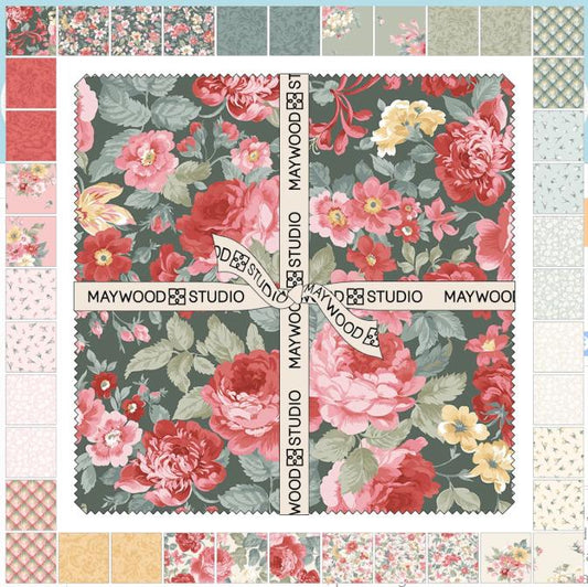 La Fleur FLANNEL 10" Squares, SQ-MASLAFF, Precut 10" Red Green Teal Yellow Floral Flannel Fabric Squares, Maywood Studio