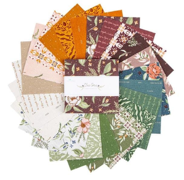 Olive Grove 5" Stacker, Riley Blake 5-16630-42, 5" Precut Autumn Fall Burgundy Blue Rust Green Floral Fabric Squares, Amber Elliot