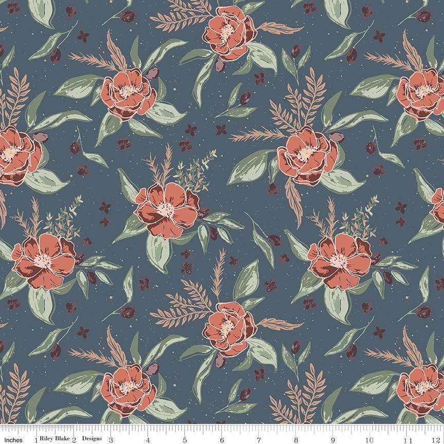 Olive Grove 5" Stacker, Riley Blake 5-16630-42, 5" Precut Autumn Fall Burgundy Blue Rust Green Floral Fabric Squares, Amber Elliot
