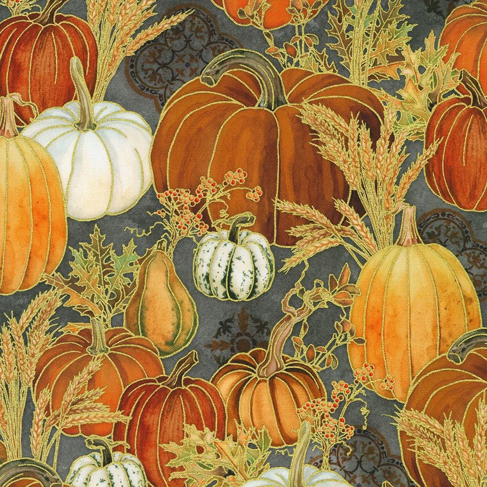 Warm Welcome 10" Squares, Robert Kaufman TEN-1395-42, 10" Precut Autumn Fall Gold Metallic Leaves Floral Fabric Squares,