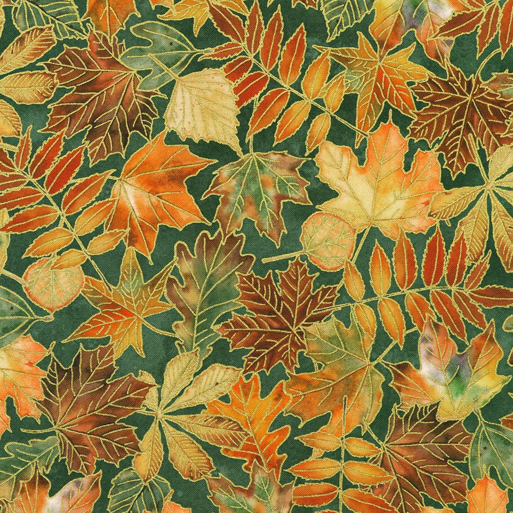 Warm Welcome 10" Squares, Robert Kaufman TEN-1395-42, 10" Precut Autumn Fall Gold Metallic Leaves Floral Fabric Squares,