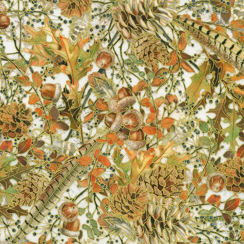 Warm Welcome 10" Squares, Robert Kaufman TEN-1395-42, 10" Precut Autumn Fall Gold Metallic Leaves Floral Fabric Squares,