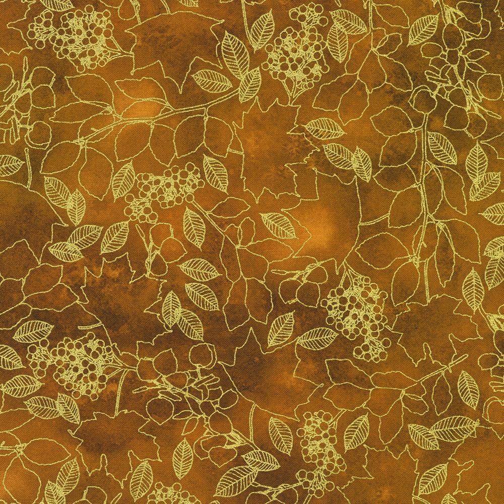 Warm Welcome 10" Squares, Robert Kaufman TEN-1395-42, 10" Precut Autumn Fall Gold Metallic Leaves Floral Fabric Squares,