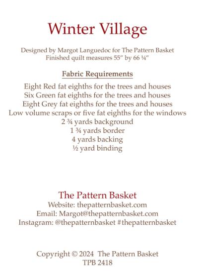 Winter Village Quilt Pattern, The Pattern Basket TPB2418, Fat Eighths F8 Friendly Christmas Xmas Winter Trees Houses Quilt Pattern