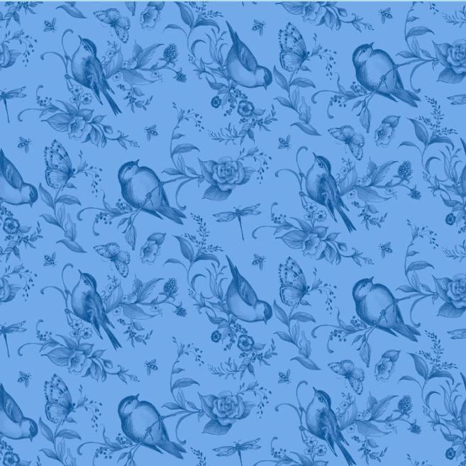 Amalfi Coast 5" Stamp, White Owl AMALFICOAST-05, 5" Precut Blue White Floral Birds Bees Charm Pack Fabric Squares, Susan Winget