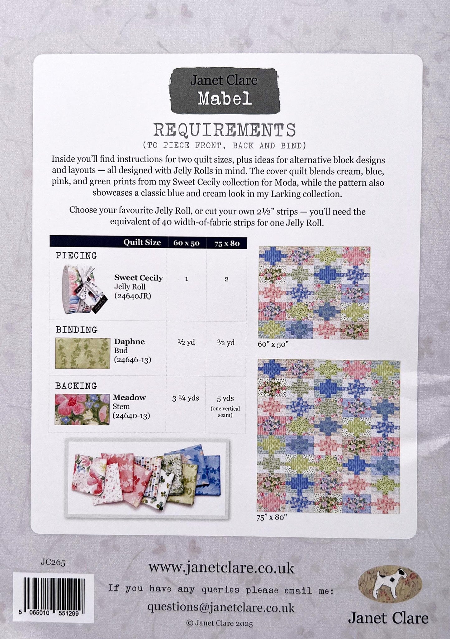 Mabel Quilt Pattern, Janet Clare JC265, 2.5" Precut Jelly Roll Strips Friendly Throw Bed Quilt Pattern