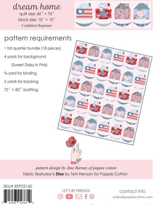 Dream Home Quilt Runner Pattern, Poppie Cotton EEP25160, Fat Quarter FQ Friendly Patriotic Houses Throw Quilt Pattern
