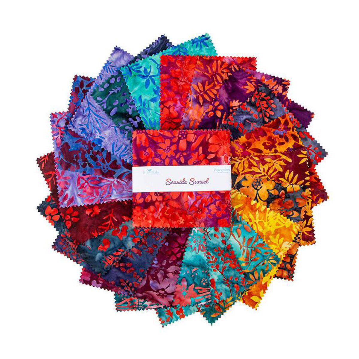 Expressions Batiks Seaside Sunset 5" Stacker, Riley Blake 5-23355-42, 5" Precut Jewel Tones Floral Batik Fabric Squares