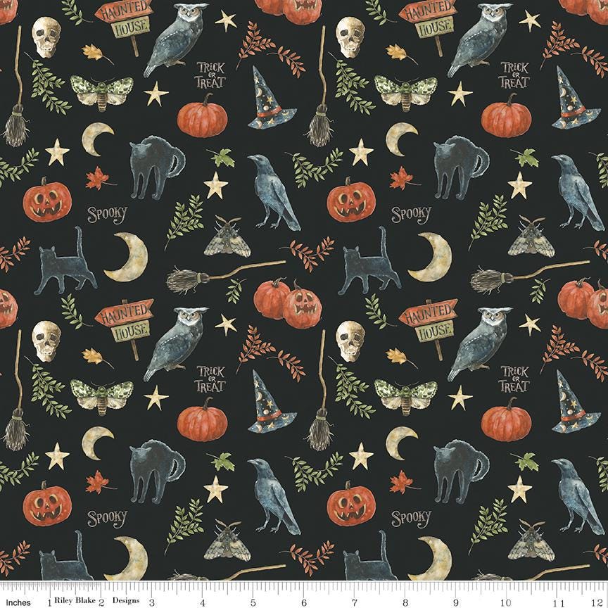 Trick or Treat - Spooky Halloween Icons on Black Fabric, Riley Blake C15962-Black, Owls Jack O Lanterns Fabric, Lisa Audit, By the Yard