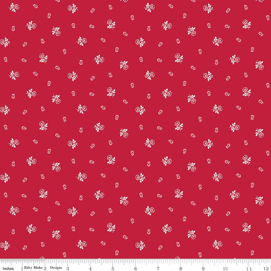Red Delicious - White Flowers on Red Fabric, Riley Blake C15668-RED, Raspberry Galette Red White Floral Cotton Blender Fabric, By the Yard