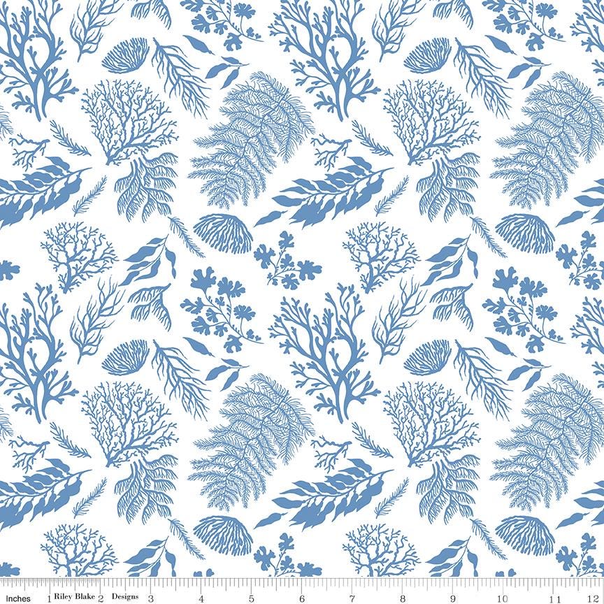 Ocean Oasis - Blue Water Plants on White Fabric, Riley Blake C15991-White, Underwater Ocean Coral Plants Fabric, Labombarbe, By the Yard