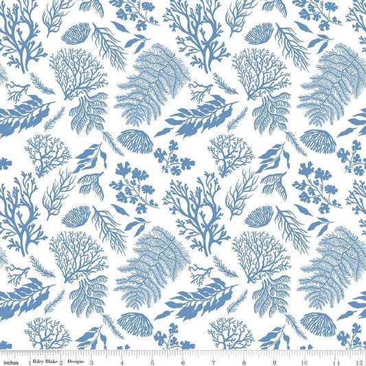 Ocean Oasis - Blue Water Plants on White Fabric, Riley Blake C15991-White, Underwater Ocean Coral Plants Fabric, Labombarbe, By the Yard