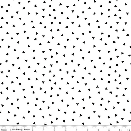 Take Heart - Small Black Hearts on White Fabric, Riley Blake C15387-White, Polka Dot Hearts Cotton Quilt Fabric, J. Frisch, By the Yard
