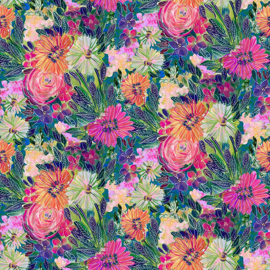 Sunset Meadow 15 Piece Fat Quarter Bundle, Clothworks FQ0521, Bright Watercolor Floral Fabric, 18 x 22 Fabric Cuts