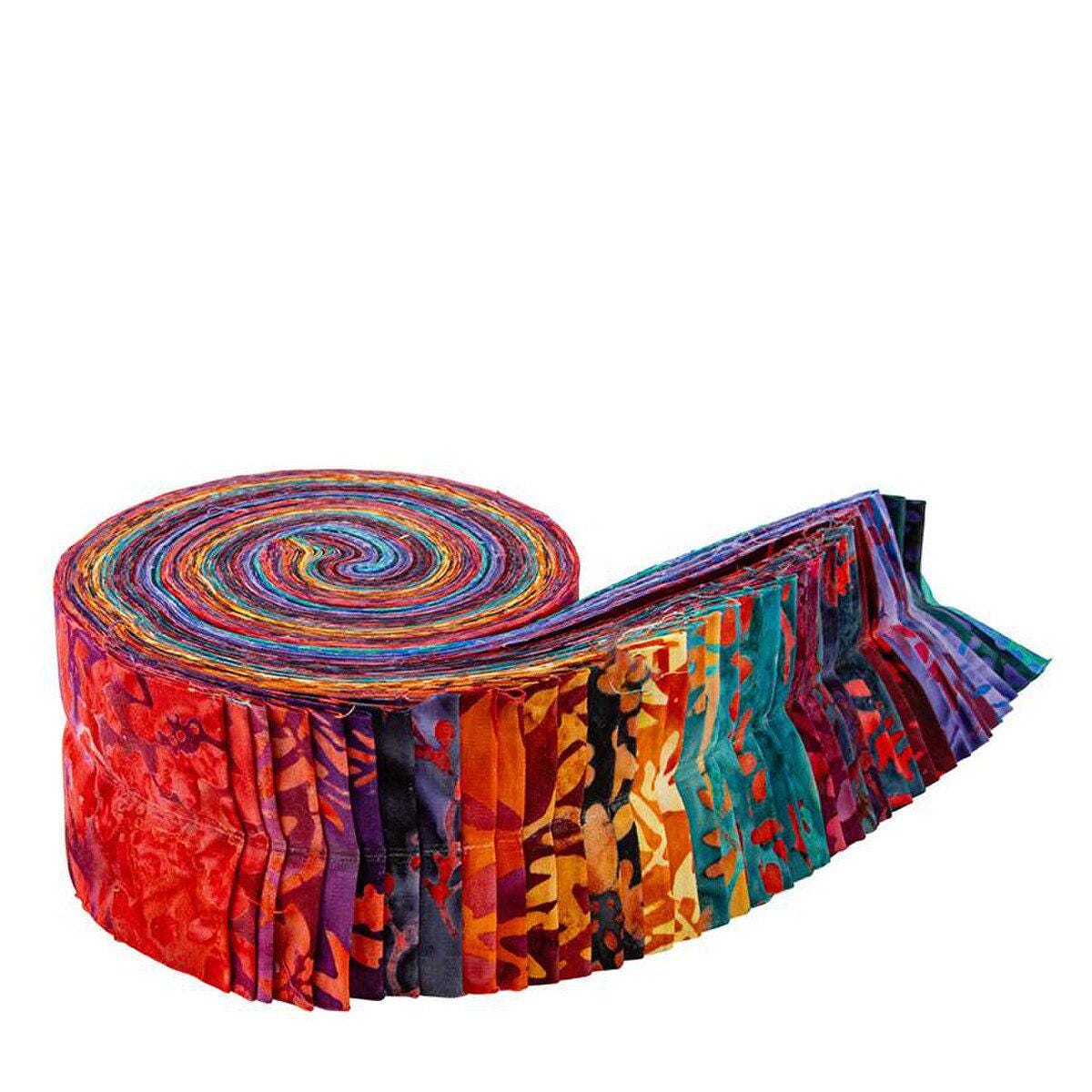 Expressions Batiks Seaside Sunset Rolie Polie, Riley Blake RP-23555-40, 2.5" Precut Purple Red Gold Teal Floral Batik Fabric Strips