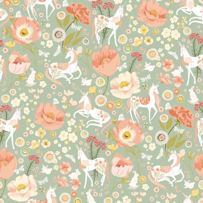 Unicorn Dreams 5" Charm Pack, Poppie Cotton UD25726, 5" Precut Pink Mint Yellow Floral Charm Fabric Squares, Ginger Deverell