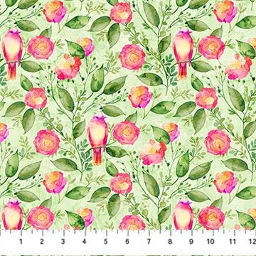 Veranda 5" Tiles, Northcott CVERAN42-10, 5" Precut Pink Peach Green Blue Bird Floral Cotton Quilt Fabric Squares, Edwards Samra