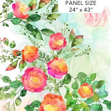 Veranda - Watercolor Floral Spray 24" Fabric Panel, Northcott DP28395-10, Pink Orange Green Yellow Flowers Quilt Fabric Craft Panel