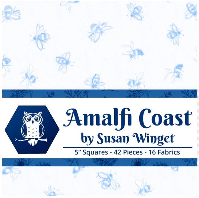 Amalfi Coast 5" Stamp, White Owl AMALFICOAST-05, 5" Precut Blue White Floral Birds Bees Charm Pack Fabric Squares, Susan Winget