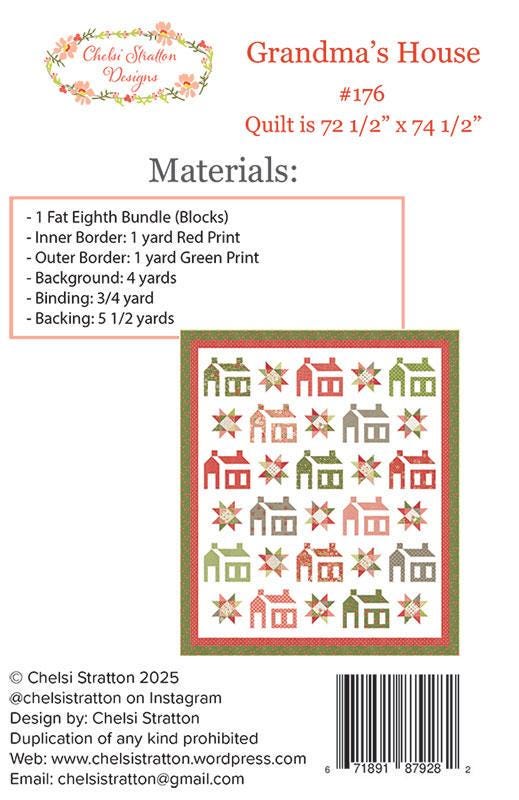 Grandma's House Quilt Pattern, Chelsi Stratton Designs CSD176, Fat Eighths F8 Friendly Houses Stars Throw Quilt Pattern