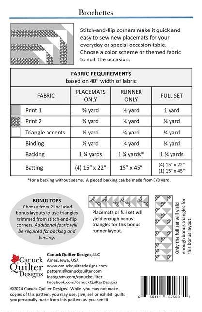 Brochettes Table Runner Place Mats Quilt Pattern, Canuck Quilter Designs CQ5681, Yardage Friendly Table Runner Placemats Quilt Pattern