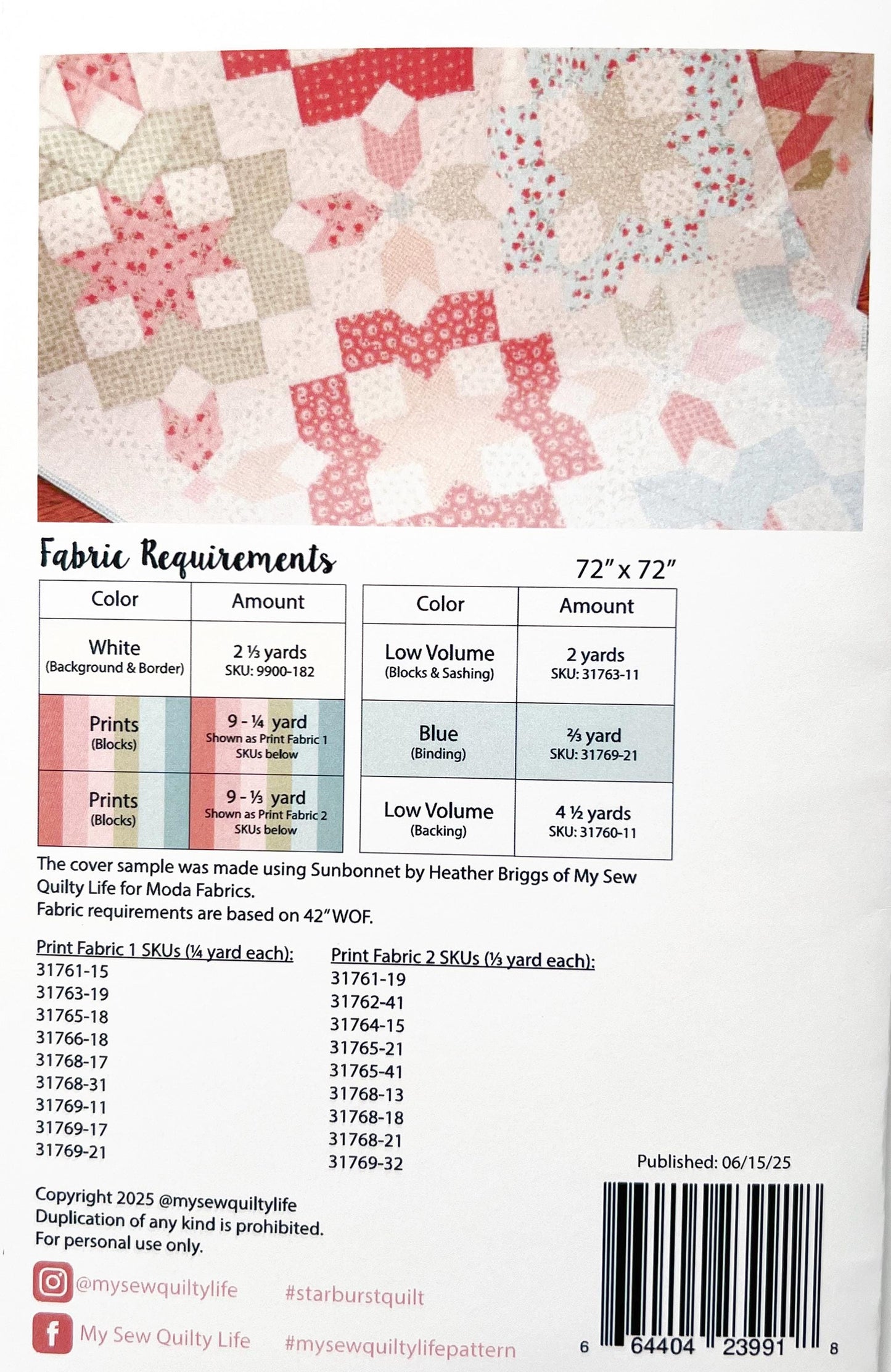 Starburst Quilt Pattern, My Sew Quilty Life MSQL183, Yardage Friendly Stars Square Throw Quilt Pattern