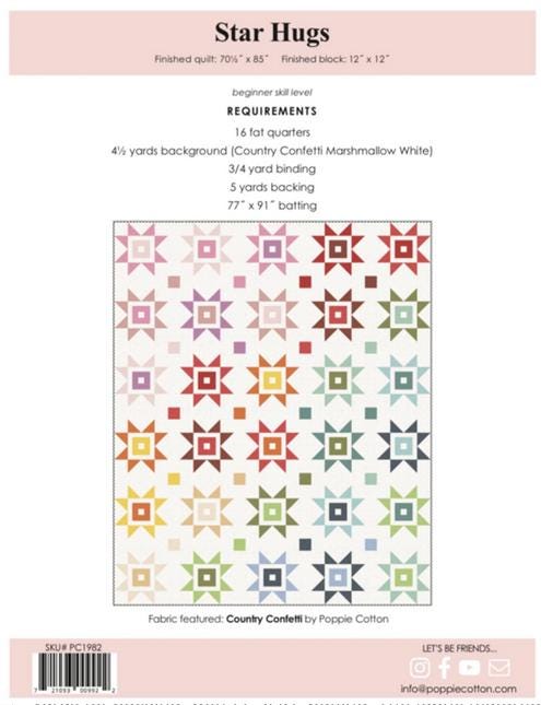 Star Hugs Quilt Pattern, Poppie Cotton PC1982, Fat Quarter FQ Friendly Stars Throw Quilt Pattern