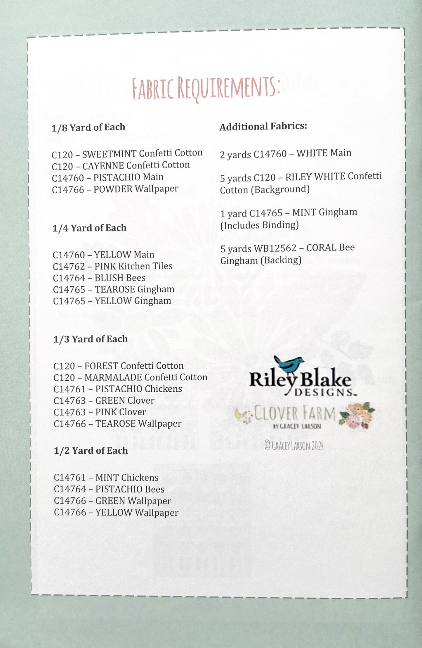 Clover Farm Row Quilt Pattern, Gracey Larson P155-CLOVER, Yardage Friendly Flowers Chickens Strawberries Bees Throw Quilt Pattern